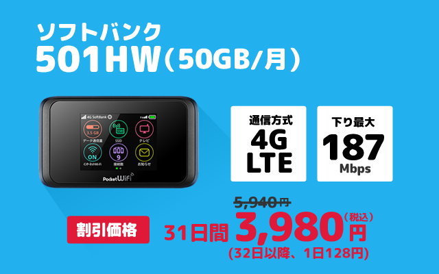 501HW(50GB/月) SoftBankのWiFiレンタル